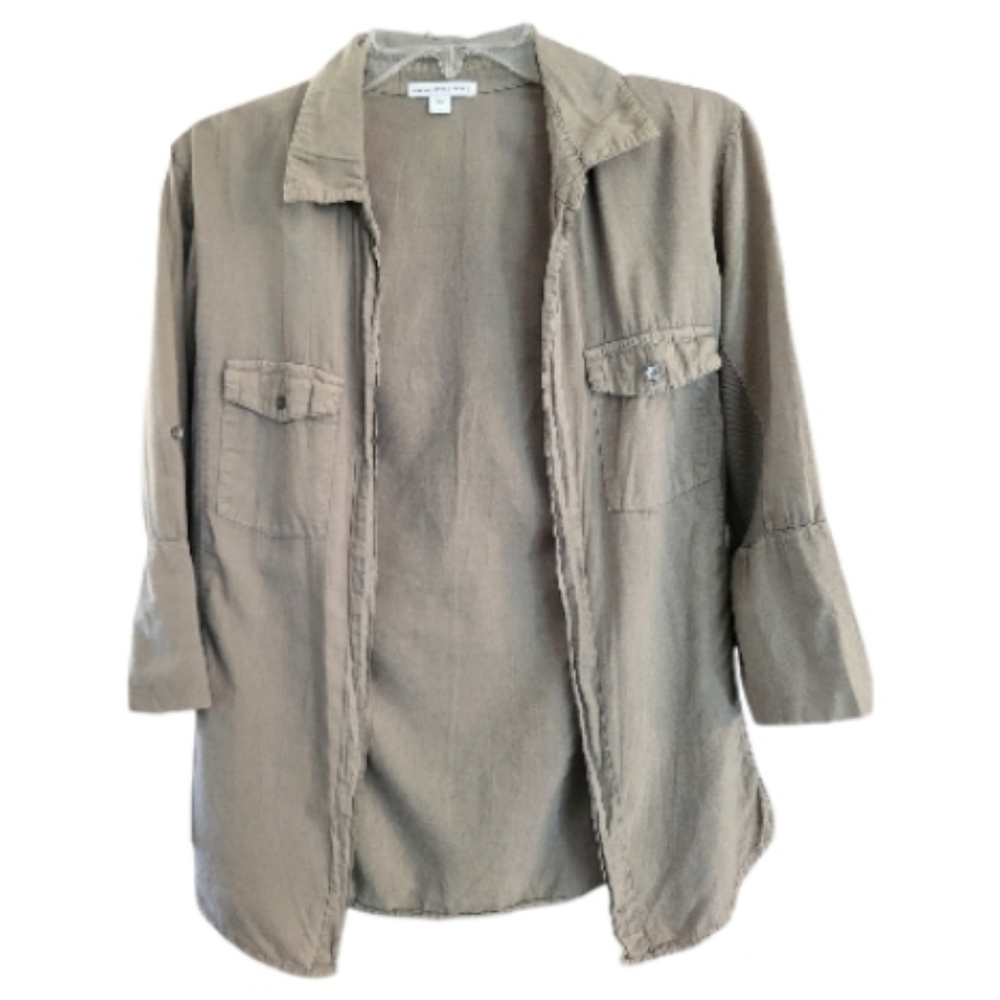 James Perse Women's Khaki Open Front Contrast Ribbed Surplus Shirt - Size 3